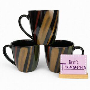 Sango AVANTI BLACK 4721 Horizontal Stripes Stoneware Coffee Cups Mugs Set of 3